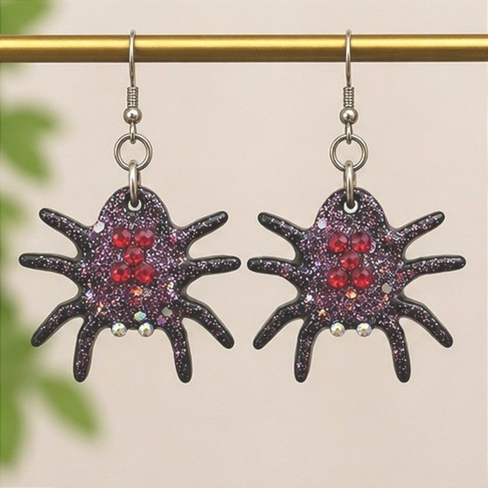 Handmade Spider Earrings Purple Resin Glitter Goth Halloween